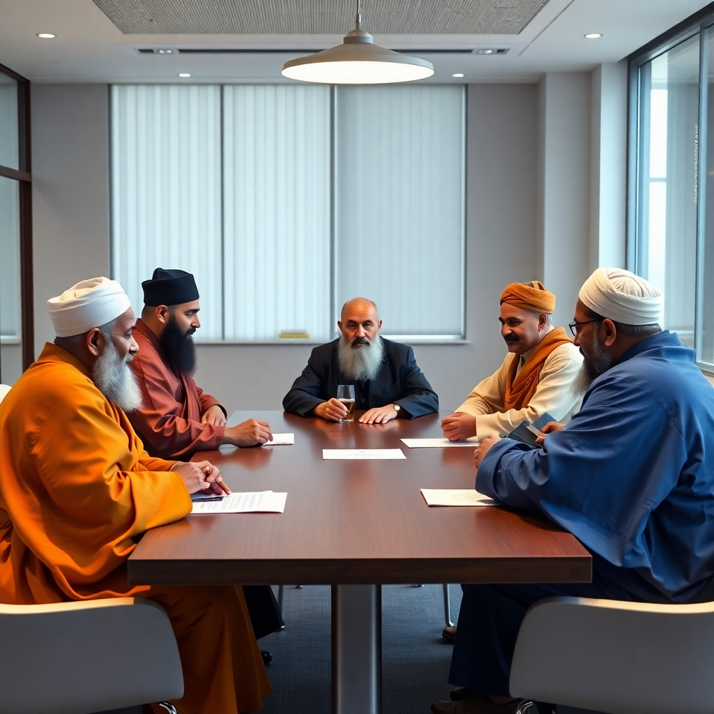 A photorealistic image depicting a diverse group of religious leaders from various faiths—Christianity, Islam, Buddhism, Hinduism, Judaism—sitting around a table in a modern, well-lit conference room, engaging in a thoughtful discussion.  Each leader should be dressed in their respective religious attire. The atmosphere should be one of mutual respect, collaboration, and understanding. The background should be subtly visible, suggesting a neutral and professional setting.