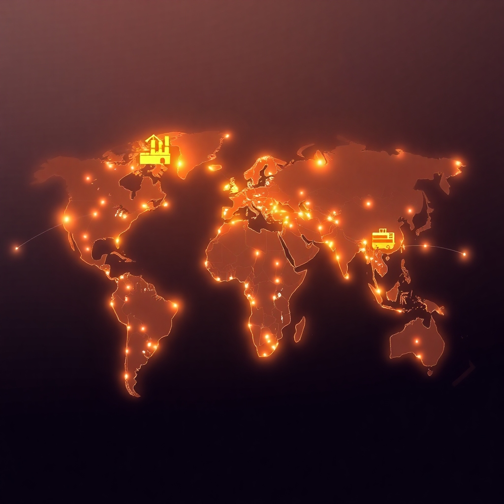 A photorealistic image depicting a world map with glowing nodes representing major global cities, interconnected by lines symbolizing trade routes.  Each node should show diverse business icons like a factory, a stock exchange, and a shipping container. The overall style should be clean, modern, and vibrant, emphasizing global connectivity and economic growth.