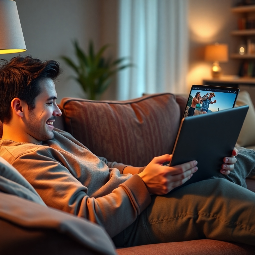 A photorealistic image depicting a person relaxing on a comfortable couch, smiling and looking at their laptop, which displays a diverse range of entertaining content: funny memes, interesting articles, and beautiful travel photography. The background should be cozy and inviting, representing a relaxing environment. High resolution, sharp focus, warm and inviting lighting.