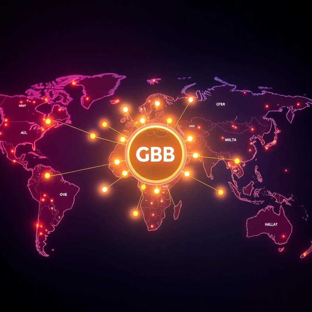 A photorealistic image depicting a world map with glowing nodes representing different countries, connected by lines to a central hub symbolizing a local business. The hub should showcase the business's logo and products. Use vibrant colors and a futuristic style.