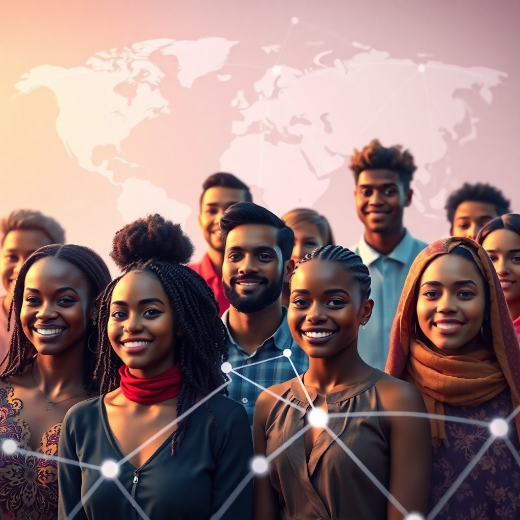 A photorealistic image depicting a diverse group of people from different cultures and backgrounds connected through a digital network, with a world map in the background. The image should have warm lighting and a positive, inclusive vibe. High resolution, 8k quality, detailed textures, vibrant colors, hyperrealistic.