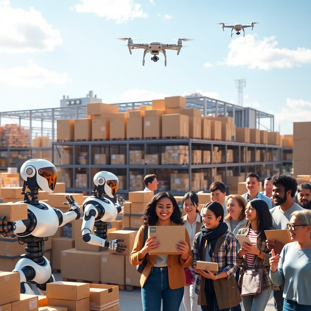 A photorealistic image depicting a futuristic warehouse with automated robots sorting and packaging diverse products, with delivery drones taking off from the rooftop.  In the foreground, show a diverse group of people happily receiving packages, highlighting the convenience of e-commerce.  The background should be a vibrant, sunny day, creating a sense of optimism and efficiency.