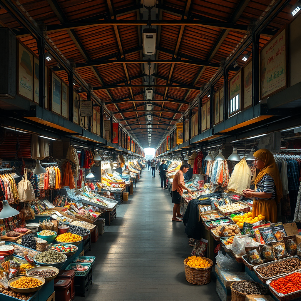 A photorealistic image depicting a vast, almost endless marketplace stretching towards the horizon. Stalls overflow with a diverse array of products from different cultures, bathed in warm, inviting light. Camera angle: a wide shot emphasizing the scale. 4K resolution, focus on detail and texture.