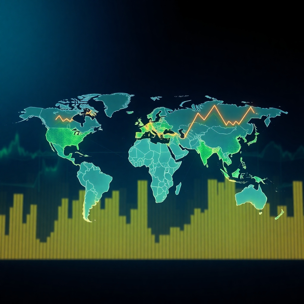 A photorealistic image depicting a world map with fluctuating economic indicators overlaid, such as graphs showing inflation rates and interest rates.  The style should be clean and modern, emphasizing the data visualization.  The overall color scheme should be a mix of blues and greens, reflecting the financial markets.