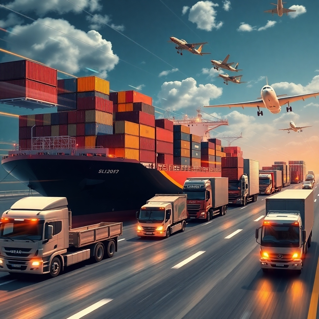 A photorealistic image depicting a global logistics network in motion. Show containers being loaded onto cargo ships and planes, as well as trucks transporting goods to various destinations worldwide. The image should be dynamic and showcase a variety of products being transported.  Focus on speed, efficiency, and global reach.  High resolution, sharp focus, realistic lighting and shadows