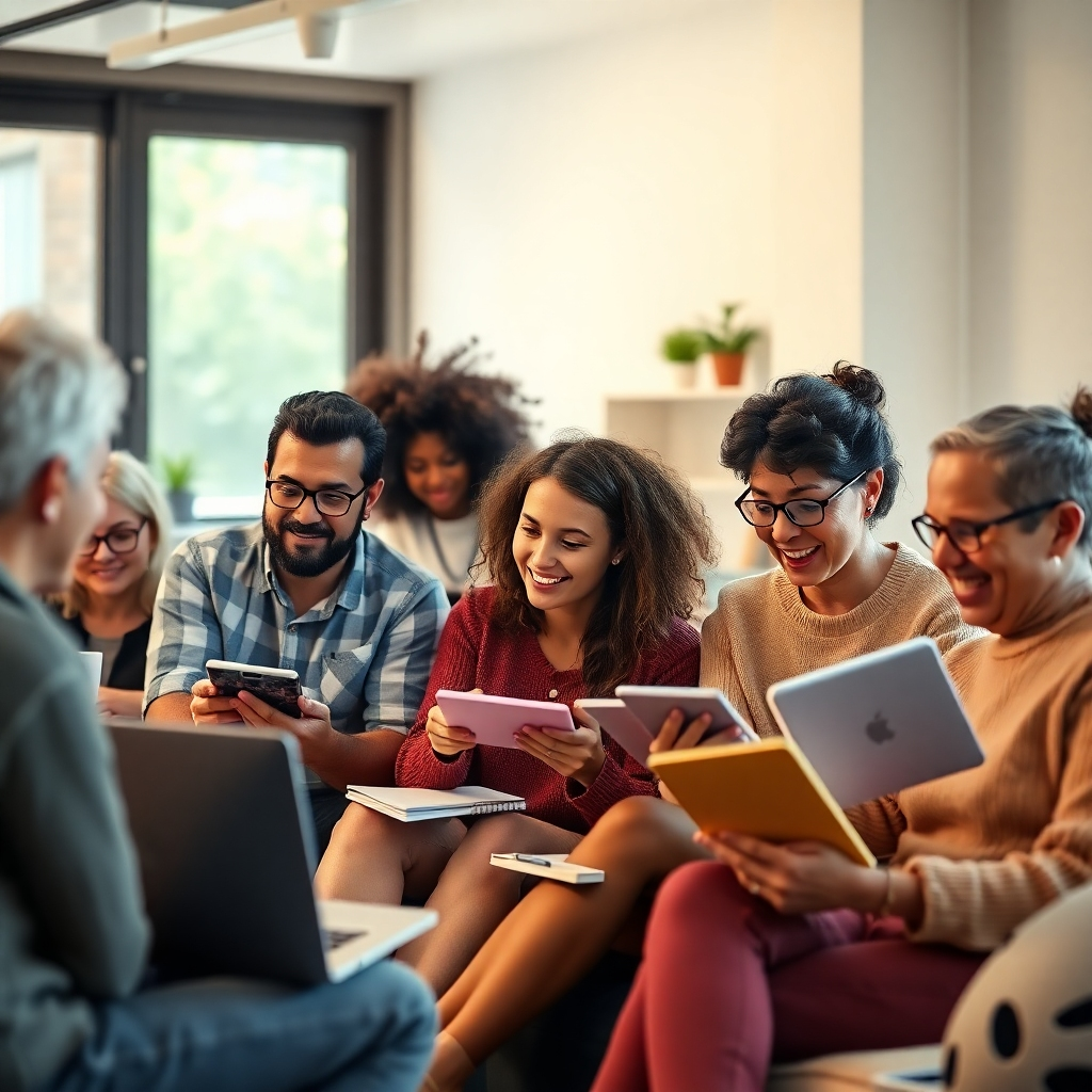 A photorealistic image in the style of Annie Leibovitz, 8K resolution, ultra-detailed. The image depicts a diverse group of people of various ages and backgrounds actively engaged in online learning: some attending a virtual class on a laptop, others working on individual projects using tablets, and a few collaborating on a shared document. The lighting is bright and airy, creating a comfortable, collaborative atmosphere. The color palette is vibrant and energetic with warm tones predominating. The perspective is slightly elevated, offering a comprehensive view of the group dynamic. The textures of the devices, clothing, and surrounding workspace are highly detailed and realistic. The background elements hint at a modern co-working space or comfortable home offices. Props like books, notepads, and coffee cups add to the realism and emphasize the focus on personal development. The overall mood is enthusiastic and encouraging, communicating a positive learning experience.