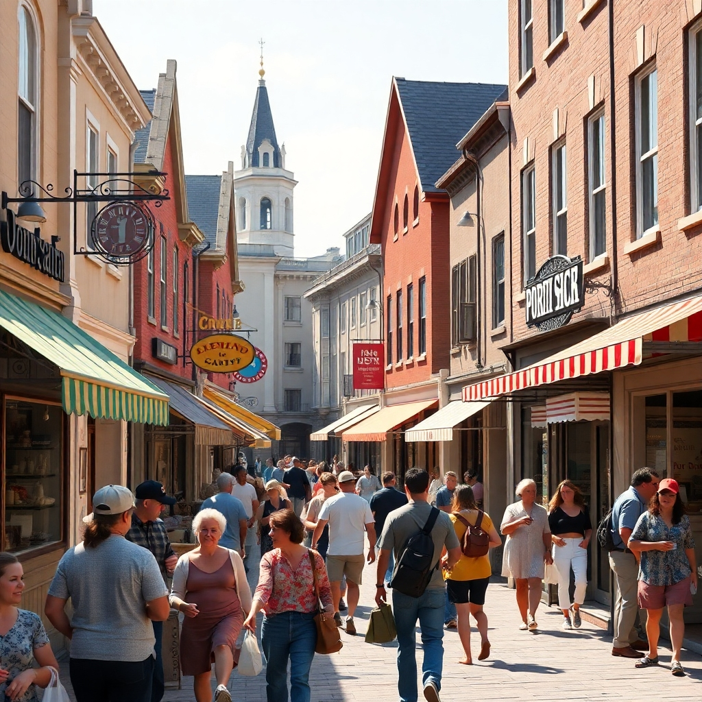 A photorealistic image of a bustling town square, with people interacting and shopping at various local businesses. Each business should have clear signage, displaying its name and offerings. The image should have a warm, inviting atmosphere, with bright sunlight and happy people.