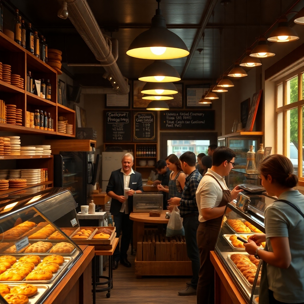A photorealistic image of a bustling local bakery, filled with warm light, delicious pastries on display, and friendly staff interacting with customers. The bakery should have a cozy, inviting atmosphere, with details like handwritten menus and rustic wooden shelves. Focus on capturing the energy and positive community vibes.