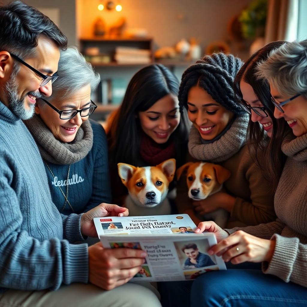 A photorealistic image of a diverse group of people reading a newspaper or tablet displaying headlines about pet health, animal welfare, and new pet products. The background should be a cozy and inviting pet-friendly environment.
