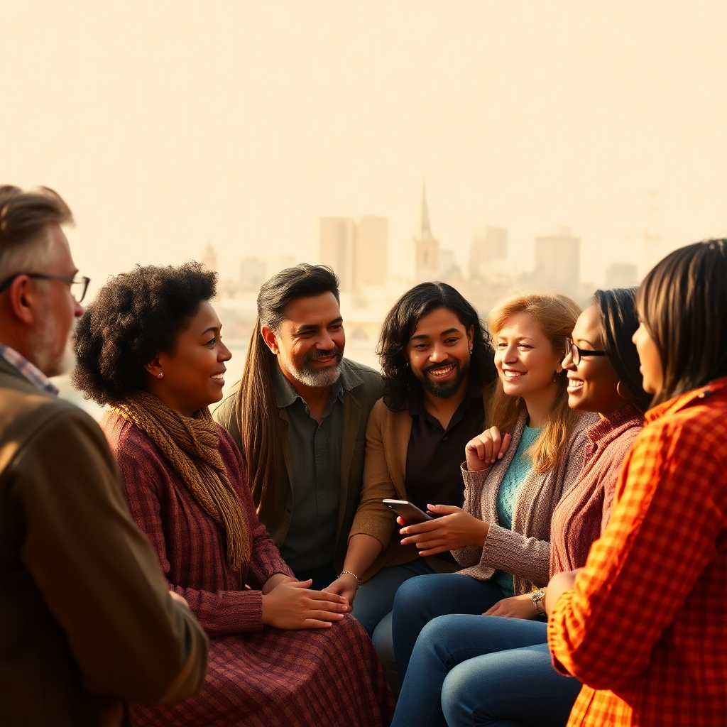A photorealistic image of a diverse group of people from a local community gathered together, engaged in a discussion.  The background should subtly feature local landmarks. The lighting should be warm and inviting, creating a sense of community and inclusivity. The image should convey a feeling of open dialogue and the exchange of ideas.