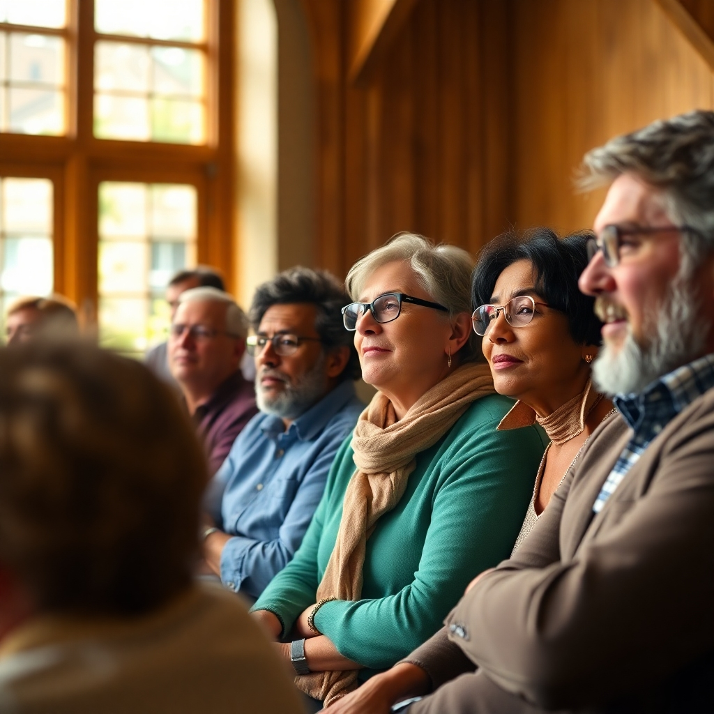 A photorealistic image of a diverse group of people at a community meeting in a brightly lit town hall, actively participating in a discussion; focus on genuine engagement and expressions of concern or interest; background should suggest a warm and welcoming atmosphere, with natural light streaming through large windows; high-resolution, detailed expressions