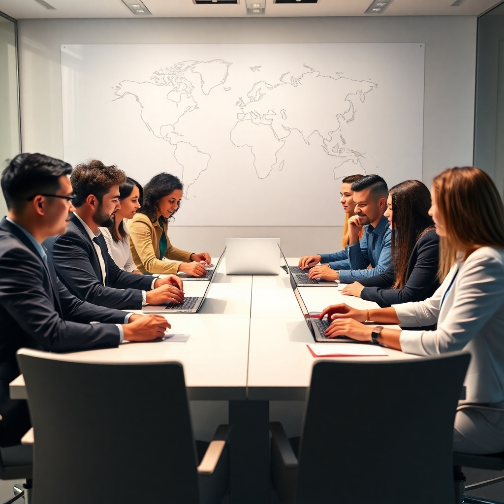 A photorealistic image of a diverse group of business professionals from various countries collaborating around a large table, using laptops and engaging in conversation. The background should suggest a modern, international business setting, perhaps a conference room with a world map subtly visible on a wall. The image should be bright, conveying a sense of energy and collaboration.
