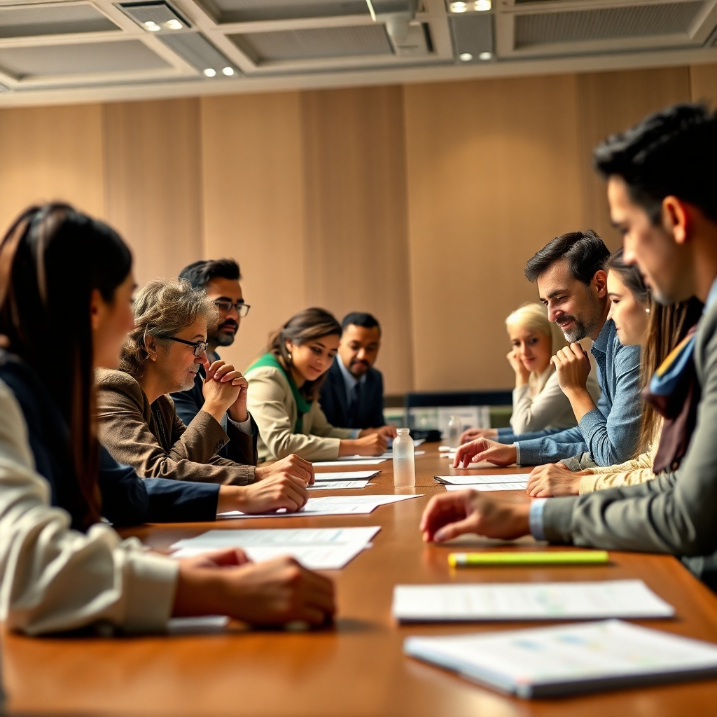 A photorealistic image of a diverse group of people from different countries, working together around a large table, deeply engaged in a discussion or collaborative project. The setting should suggest an international conference or workshop, conveying a sense of global unity and purpose. High-resolution, detailed, sharp focus, bright lighting, vivid colors.