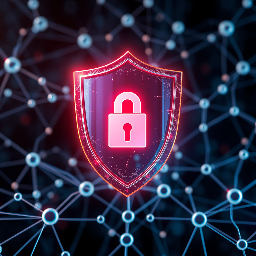A photorealistic image of a digital shield protecting a domain name icon. The shield is made of shimmering data streams, symbolizing security and resilience. The background is a network of interconnected nodes, representing the robustness of the infrastructure. 4K resolution, high quality.