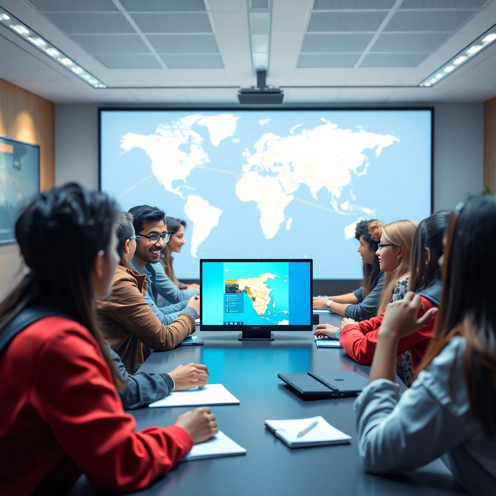 A photorealistic image of a diverse group of students from different countries attending an online class together using video conferencing. Show a map of the world in the background highlighting the locations of the students. The image should convey a feeling of inclusiveness, collaboration, and opportunity in global education.