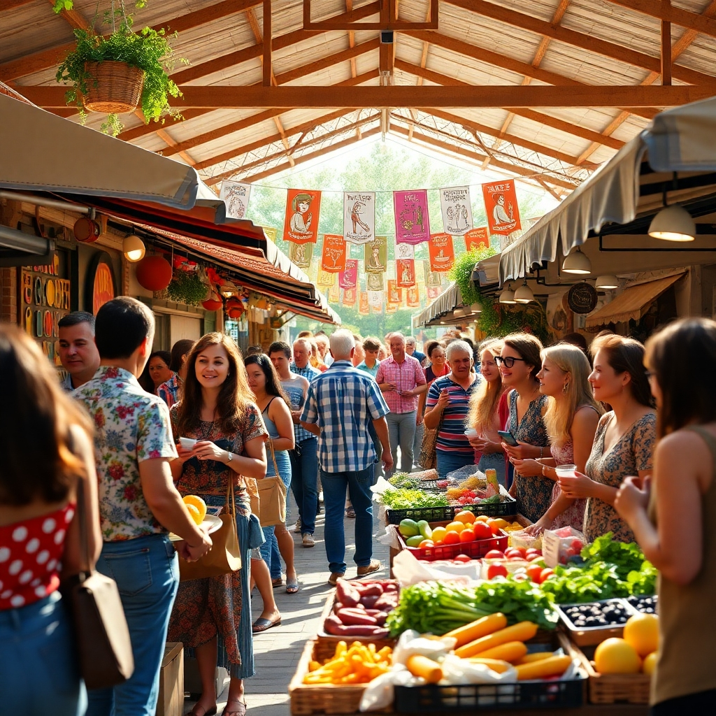 A photorealistic image of a diverse community gathering at a vibrant local farmers market. Show various stalls selling fresh produce, local crafts, and food. People should be interacting happily, highlighting a sense of community and local support. The image should be bright, detailed, and evoke feelings of warmth and togetherness.
