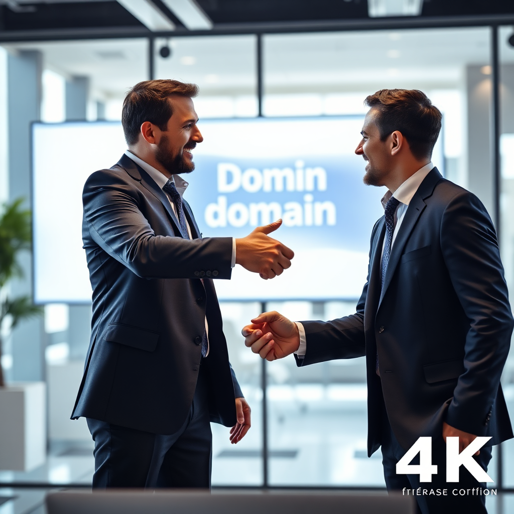 A photorealistic image of a domain broker shaking hands with a client, symbolizing a successful negotiation. The scene is set in a modern office space, conveying professionalism and expertise. The background is a blurred image of a premium domain name being displayed on a screen. 4K resolution, high quality.