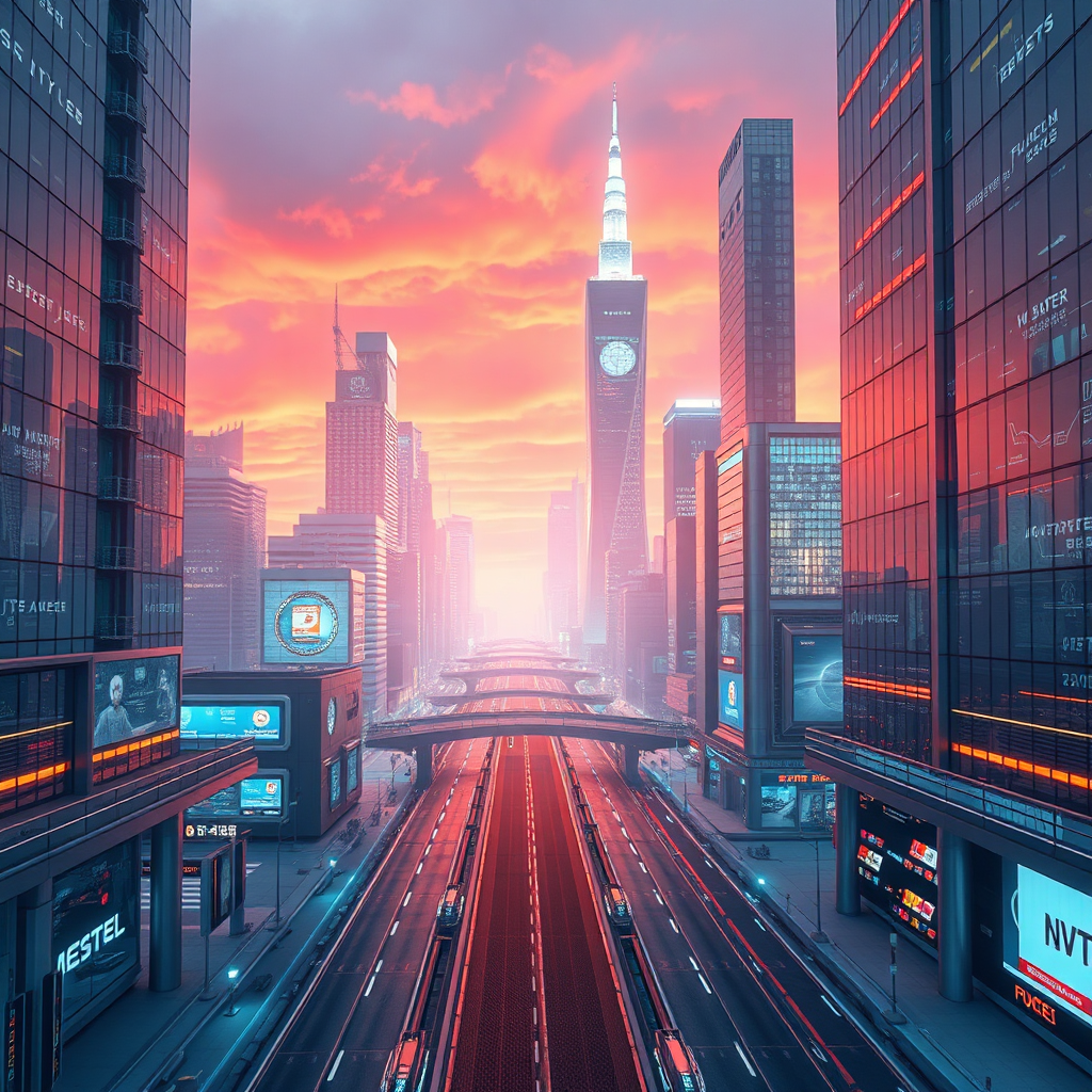 A photorealistic image of a futuristic cityscape with innovative technologies seamlessly integrated into the environment. Clean lines, metallic textures, and vibrant lighting. 4K resolution, emphasis on the feeling of progress and innovation.