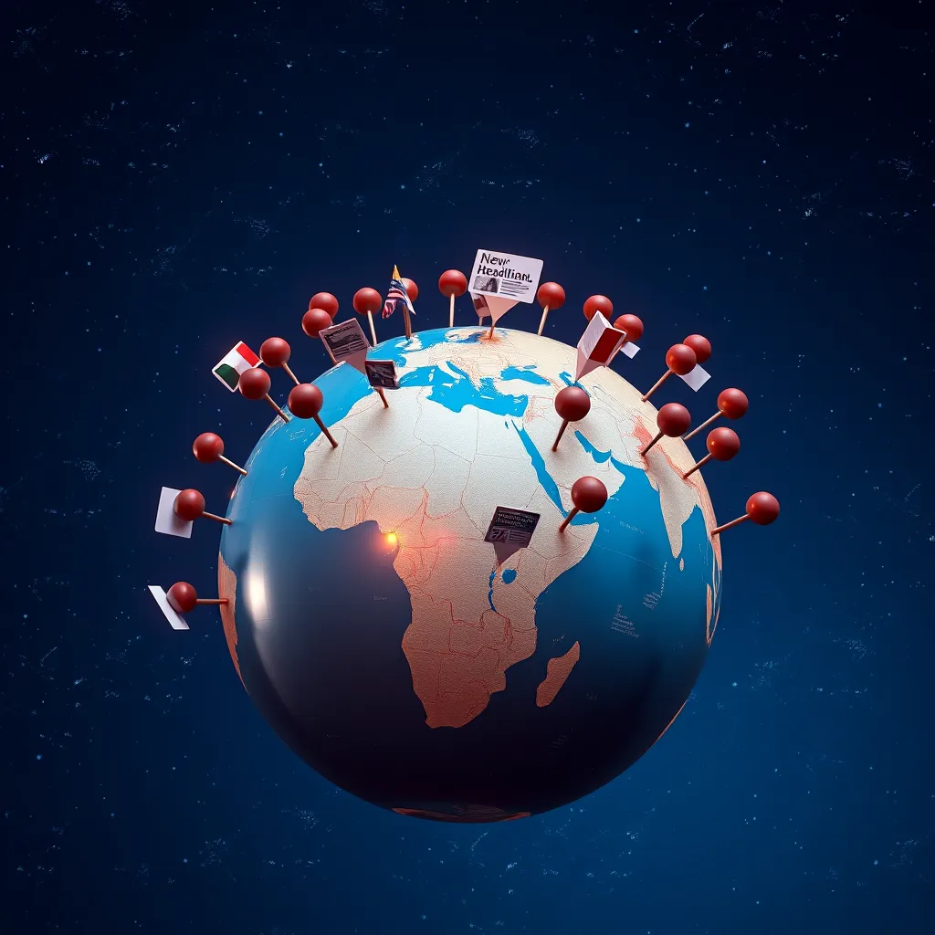 A photorealistic image of a globe with vibrant, interactive pins representing different countries. Each pin should display a miniature news feed of headlines, images, and videos from that country. The globe should be illuminated with soft, warm lighting against a deep blue night sky filled with stars. The image should have a sense of dynamism and connectivity, emphasizing the global reach of news and information. Render in 8K resolution with hyperrealistic details and a cinematic aspect ratio.