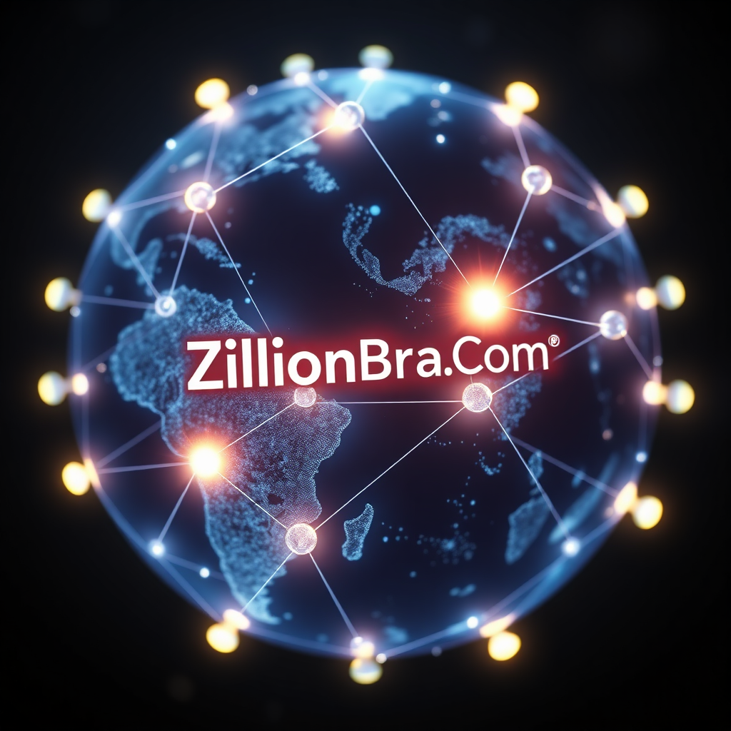 A photorealistic image of a globe with interconnected nodes, each representing a member of the ZillionBrand.Com network. The nodes are illuminated, showcasing the reach of the platform. 4K resolution, emphasis on the global scale and interconnectedness.