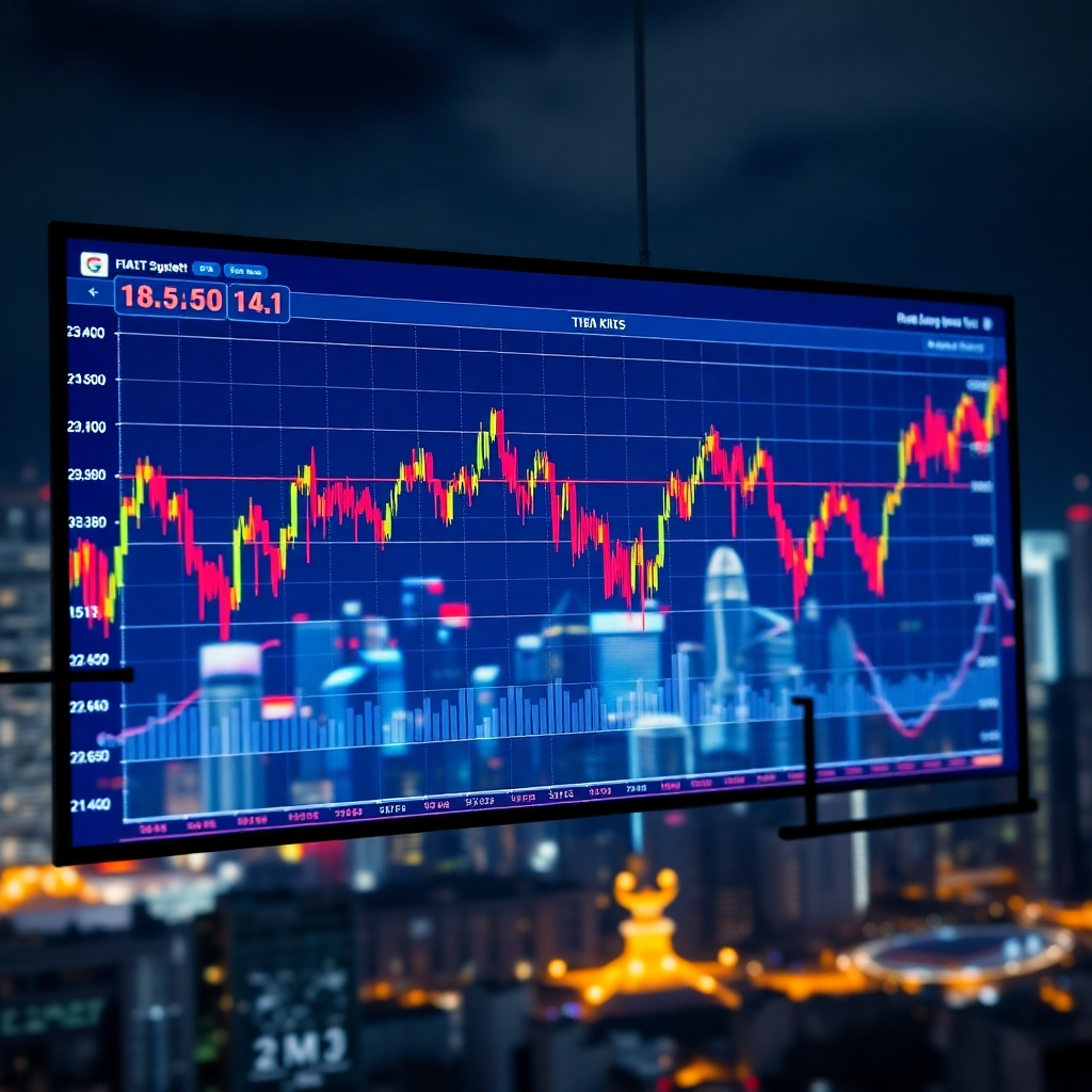 A photorealistic image of a large screen displaying a dynamic, interactive global stock market chart, showing fluctuating lines and numbers in vibrant colors.  The background should be a blurred image of a modern, bustling city skyline at night, symbolizing global commerce. The overall mood should be one of intensity and uncertainty, highlighting the dynamic nature of the global market.