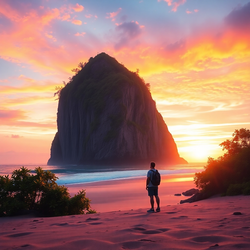 A photorealistic image of a lone traveler standing on a vibrant, secluded beach at sunset, gazing at a majestic cliff formation with lush vegetation, feeling a sense of awe and wonder. The sky should be a breathtaking blend of orange, pink, and purple hues. The traveler should appear small against the vastness of the landscape, emphasizing the scale and beauty of the undiscovered location. The overall mood should be one of peace, serenity, and adventure.