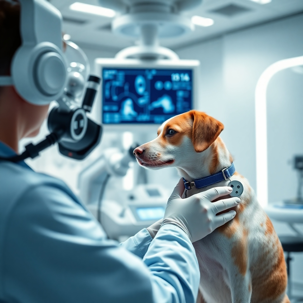 A photorealistic image of a modern, technologically advanced veterinary clinic. Show a veterinarian using advanced medical equipment to examine a pet; include detailed close-ups of diagnostic tools like ultrasound machines or microscopes. The background shows a clean, welcoming atmosphere. High resolution, sharp focus, professional lighting, emphasize futuristic technology while maintaining a calm and reassuring mood