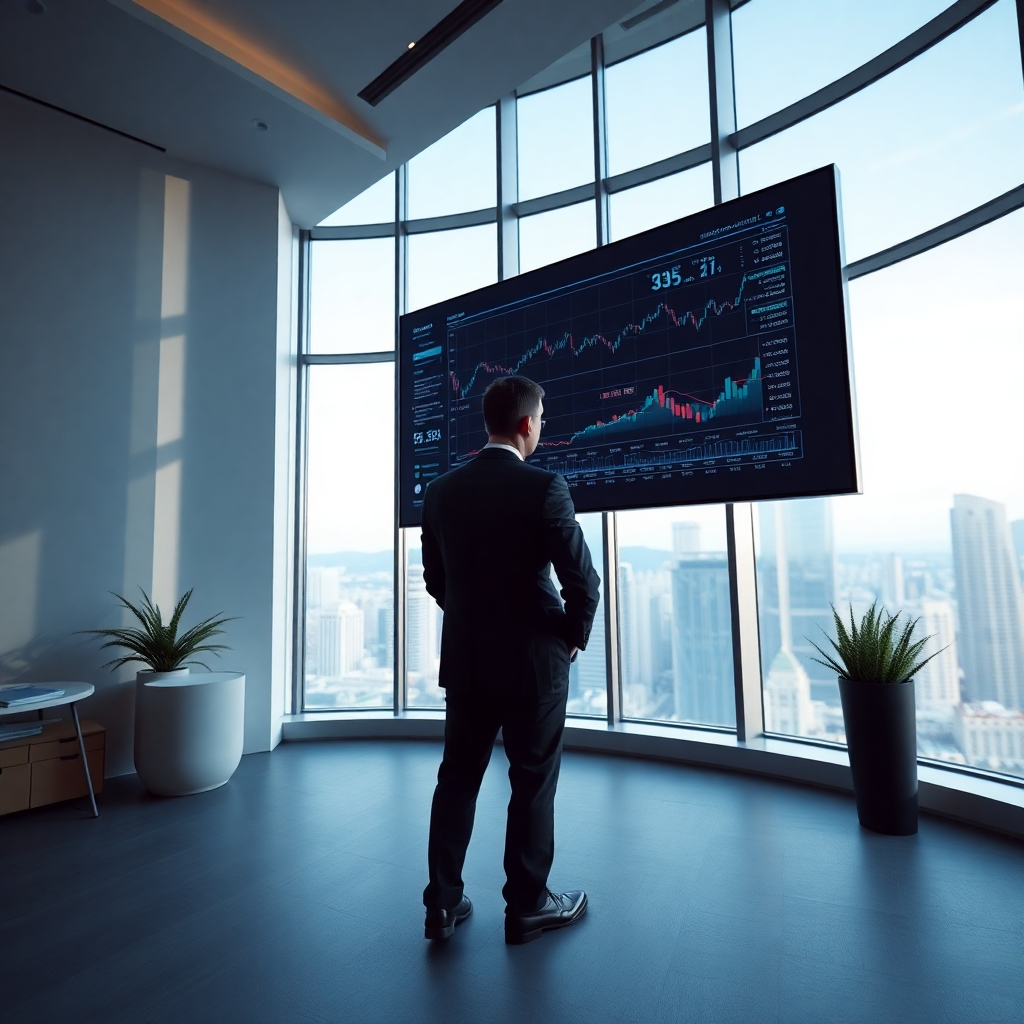 A photorealistic image of a modern, minimalist office space with large windows overlooking a bustling cityscape. A person in a sharp business suit is intensely focused on a large, high-resolution monitor displaying dynamic financial charts and graphs. The room is bathed in soft, natural light with subtle highlights and shadows. The overall color palette consists of muted blues, grays, and whites, creating a sophisticated and professional mood. The camera angle is slightly low, emphasizing the size and scale of the monitor and the importance of the data displayed.  Textures and materials are carefully detailed and realistic. The overall feel should be one of high-tech, efficient, and reliable information. 8K resolution, hyperrealistic rendering, in the style of a Bloomberg or Reuters financial news photo.