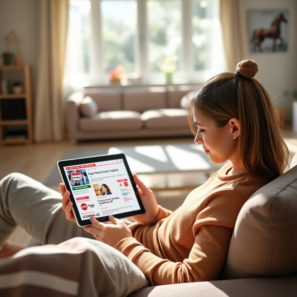A photorealistic image of a person sitting on a comfortable couch, using a tablet to read global news headlines displayed on a clean, modern interface. The background should be a bright, sunlit living room. The tablet should display headlines from diverse international sources in various languages, and there should be a subtle focus on the person's calm and engaged expression, conveying a sense of ease and informativeness. The overall style should be contemporary and inviting, emphasizing ease of access to information.