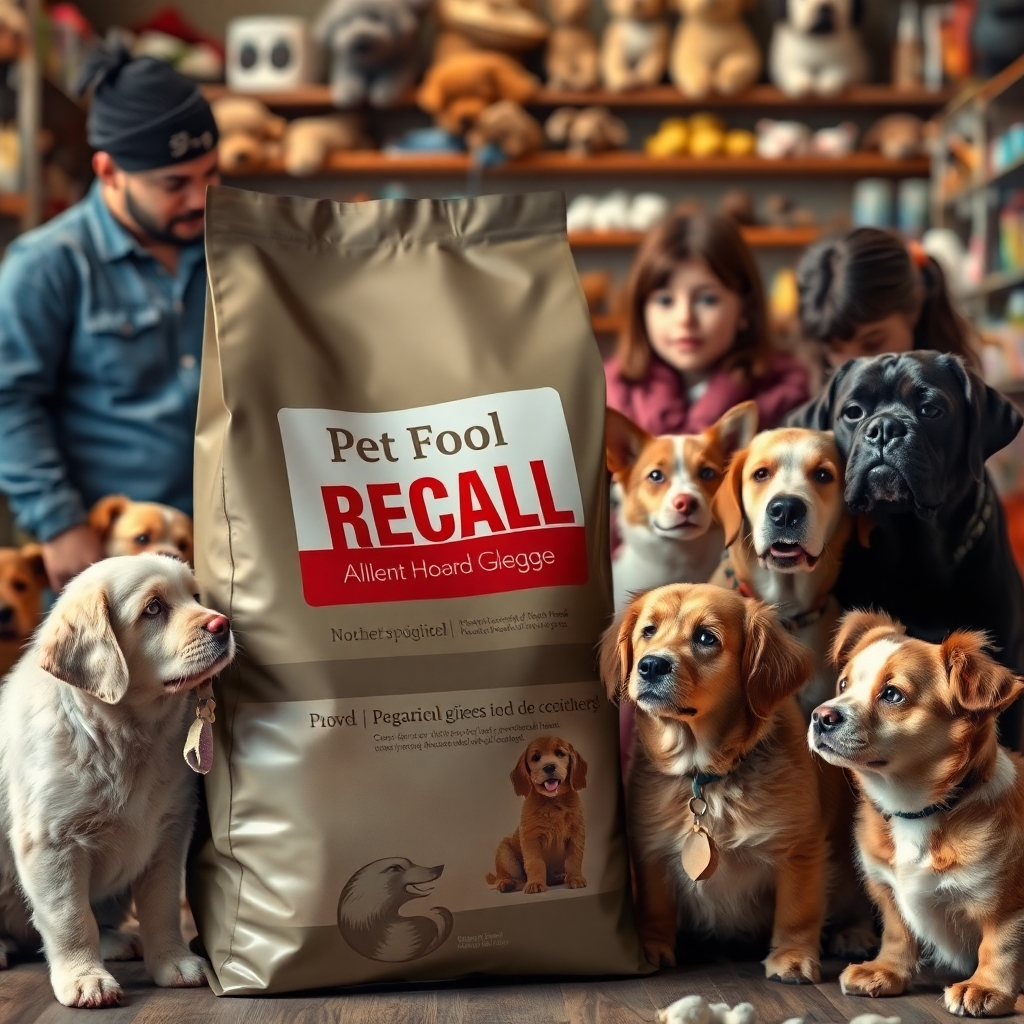 A photorealistic image of a pet food bag with a recall notice prominently displayed, alongside concerned pet owners looking at their pets. Include various pet breeds for a global feel; dogs and cats of different sizes and colors. Background should suggest a pet store or home setting with a distressed mood. High resolution, detailed textures, natural lighting.