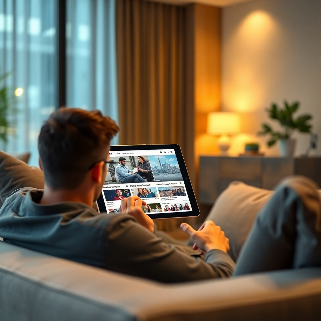 A photorealistic image of a person sitting on a comfortable sofa in a modern living room, using a tablet to read global news headlines. The tablet screen displays various international news stories, with diverse imagery representing global cultures. The background should be softly blurred, emphasizing the focus on the tablet and the individual. The overall lighting is warm and inviting, creating a cozy atmosphere.