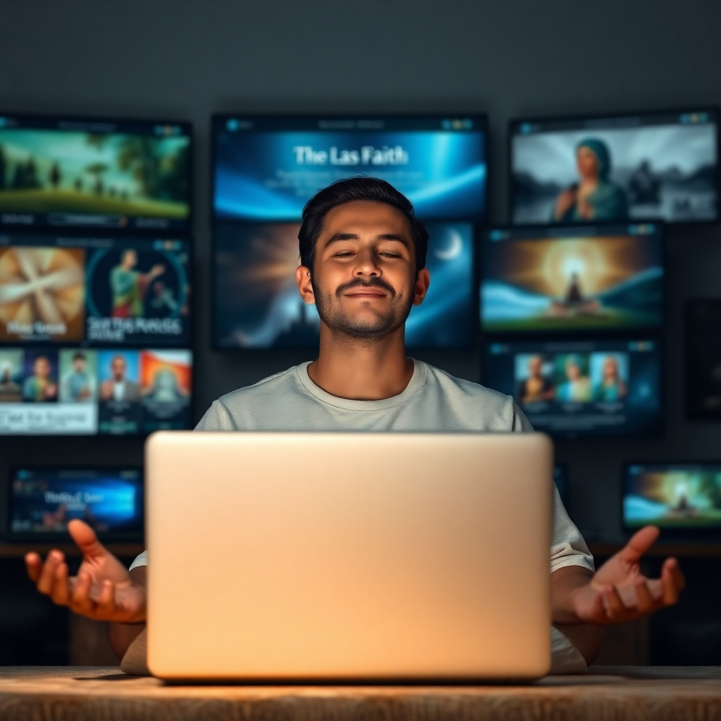 A photorealistic image of a person peacefully meditating in front of a laptop displaying a faith-based website or app. The background should subtly show other devices or screens, showcasing diverse religious resources. The ambiance should be serene and calming, emphasizing spiritual growth through technology. High resolution and focus on peaceful expression.