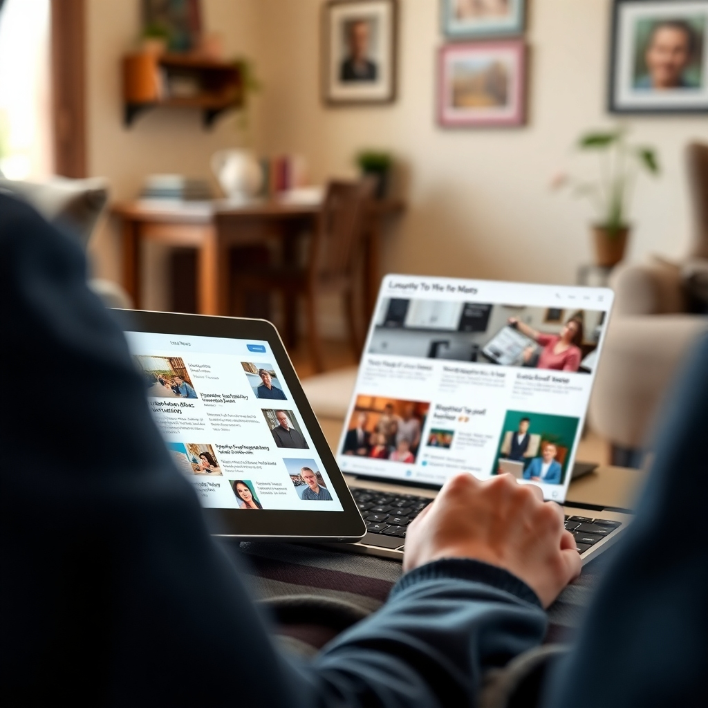 A photorealistic image of a person using a tablet or laptop to access local news and resources. The screen displays a clean, user-friendly interface with clear visual cues to relevant local information. The setting should be a comfortable and familiar local environment, such as a home or community center, representing easy access to information.