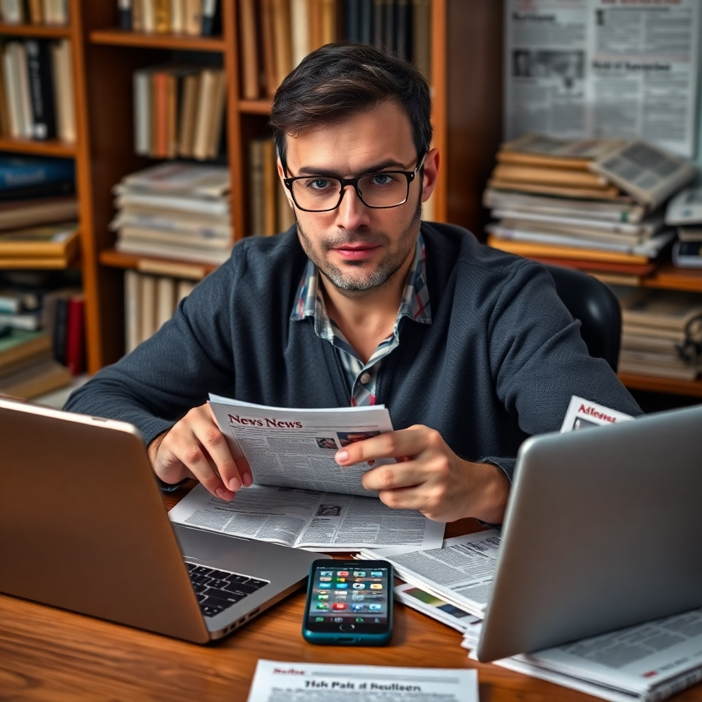 A photorealistic image of a person sitting at a desk with multiple devices displaying different news sources – a laptop, a tablet, a phone; the background shows books and newspapers, and the expression should depict critical analysis, rather than passive consumption; highlight the diversity of information and the analytical process involved; high-resolution, detailed image focusing on hands interacting with the devices
