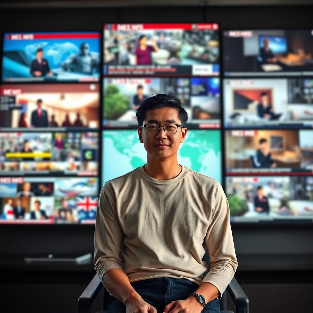 A photorealistic image of a person sitting in front of multiple screens displaying various news headlines and events from around the world. The person should appear calm and informed, representing awareness of global happenings. The overall mood should feel positive and empowering, emphasizing access to diverse global information.
