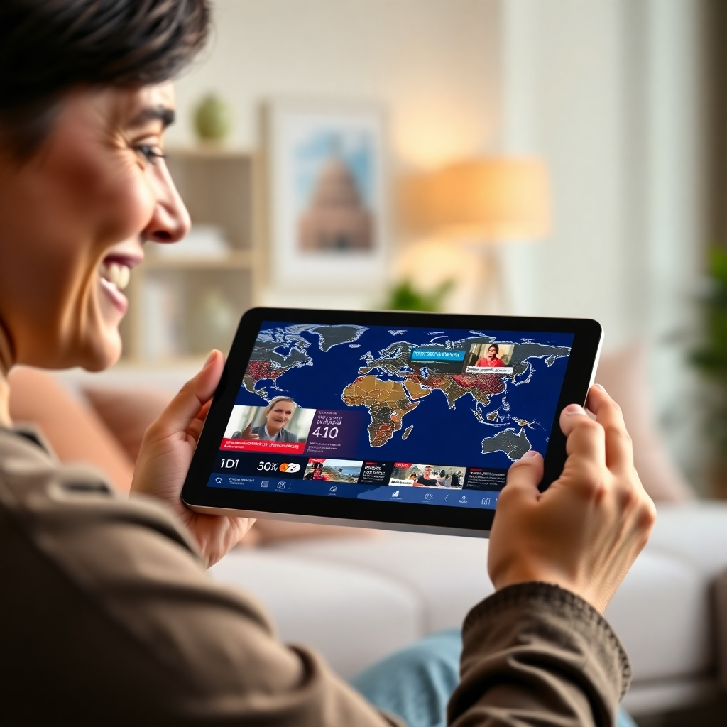 A photorealistic image of a person smiling while looking at a tablet displaying a world map with news headlines overlaid, showcasing diverse global news stories, with a clean, modern interface. The background should be blurred, suggesting a comfortable and modern home setting. High resolution, sharp focus, vibrant colors.