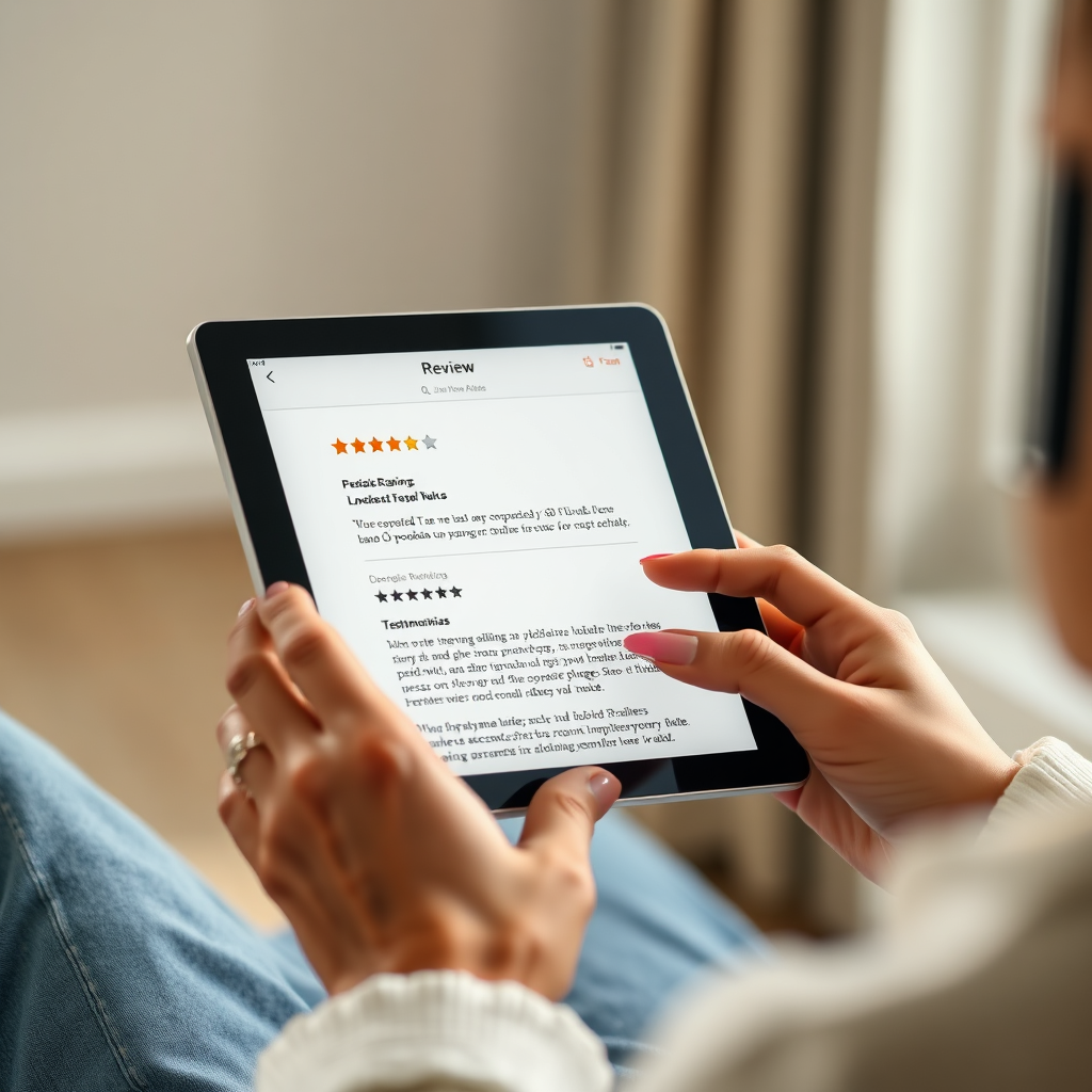 A photorealistic image of a person reading a detailed review on a tablet. The screen displays star ratings and testimonials. Soft, natural lighting, 4K resolution, focus on the person's engaged expression.