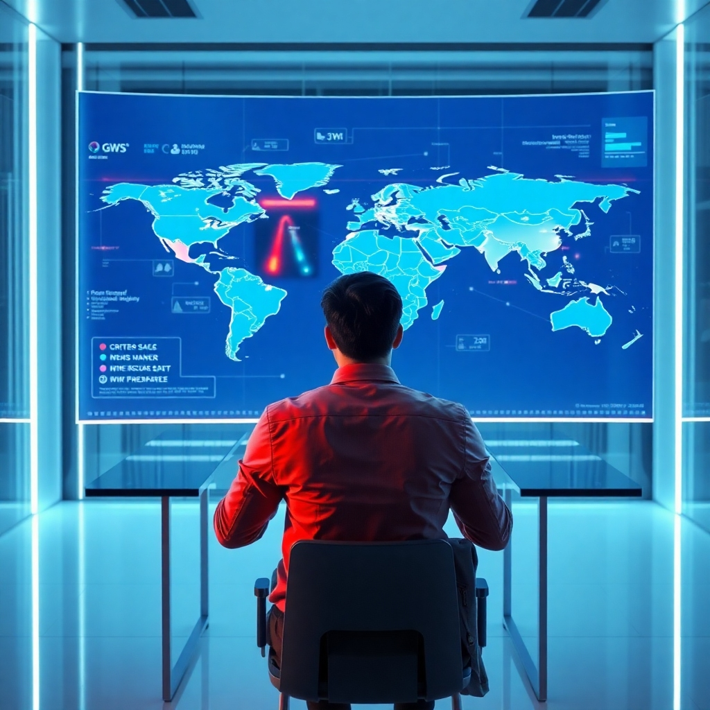 A photorealistic image of a person sitting at a desk, looking at a holographic display showing news headlines from around the world, with maps and data visualizations overlaid. The scene is bright and modern, with a sleek, minimalist aesthetic. The image should convey a sense of global connectivity and informed decision-making.