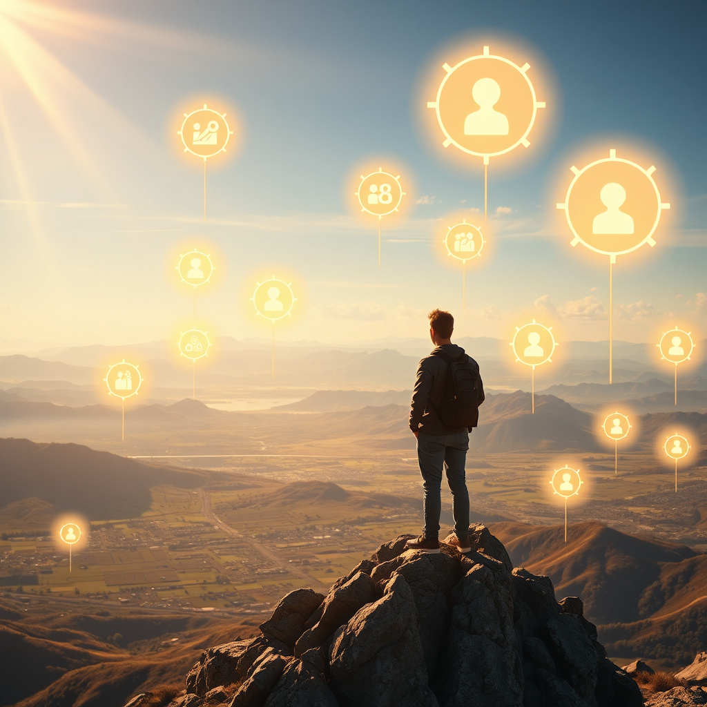 A photorealistic image of a person standing on a mountain peak, overlooking a vast landscape filled with opportunities symbolized by glowing icons. Golden sunlight illuminates the scene. 4K resolution, emphasis on the feeling of accomplishment and limitless possibility. Focus on the person's determined expression.