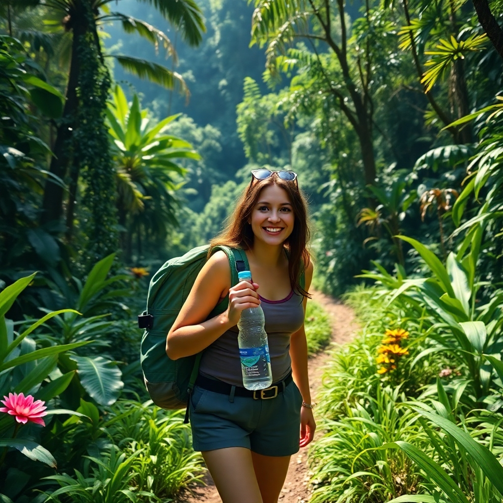 A photorealistic image of a person hiking through a lush, vibrant rainforest, carrying a reusable water bottle and wearing eco-friendly clothing. The scene should showcase the beauty of unspoiled nature, with diverse flora and fauna visible. The person should be smiling and interacting respectfully with the environment, emphasizing responsible tourism practices.