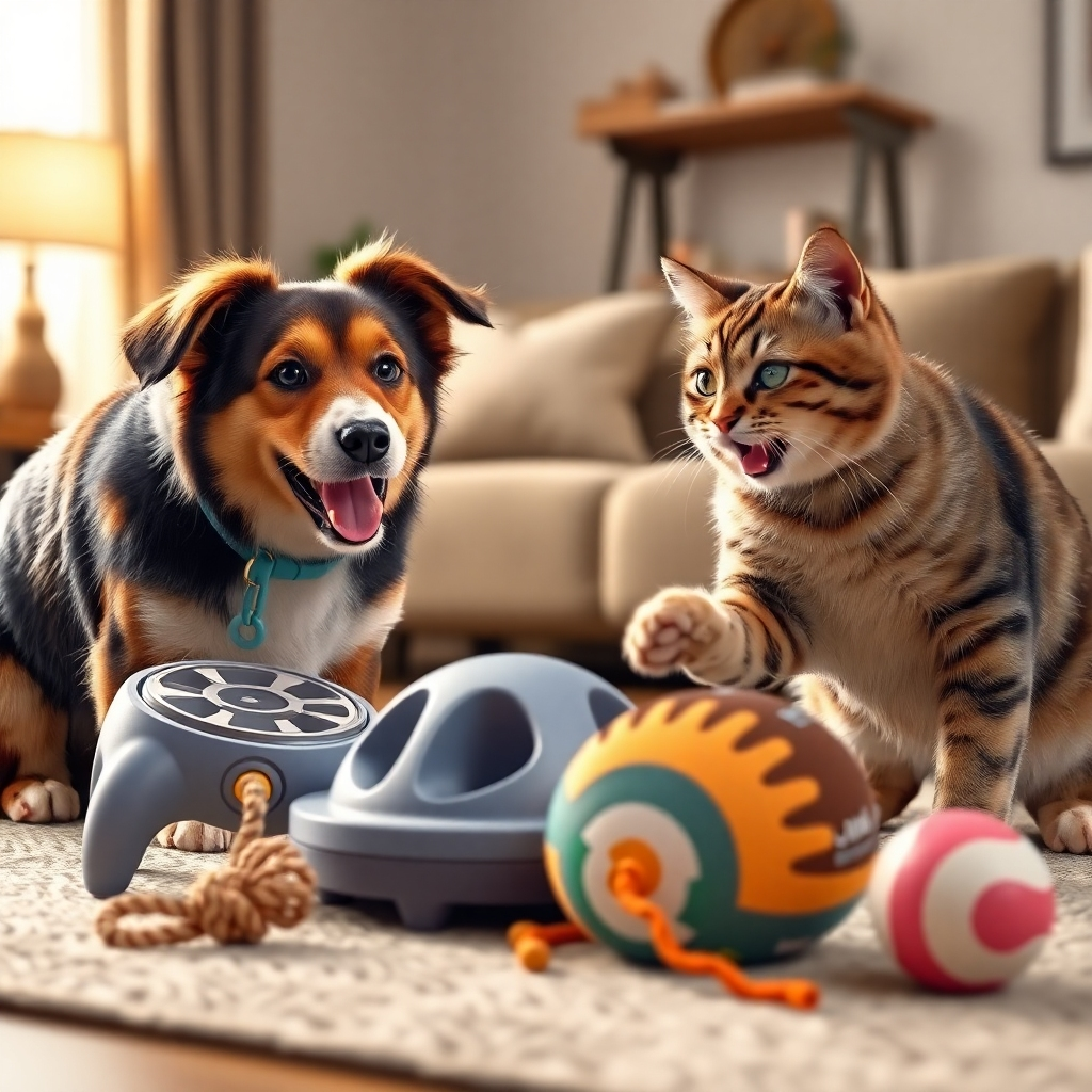 A photorealistic image of a playful dog and cat happily interacting with a variety of interactive toys; a puzzle feeder, a plush toy, a rope toy, and a treat-dispensing ball.  The background should be a cozy living room setting with soft lighting. The animals should look engaged and happy.