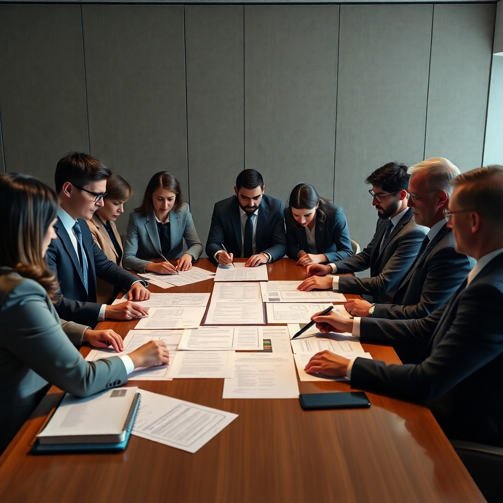 A photorealistic image of a professional, diverse team of lawyers and business people gathered around a large table, examining legal documents related to domain names. The documents feature global legal symbols and terminology. The overall style should be sleek and professional, suggesting a thoughtful approach to legal compliance.
