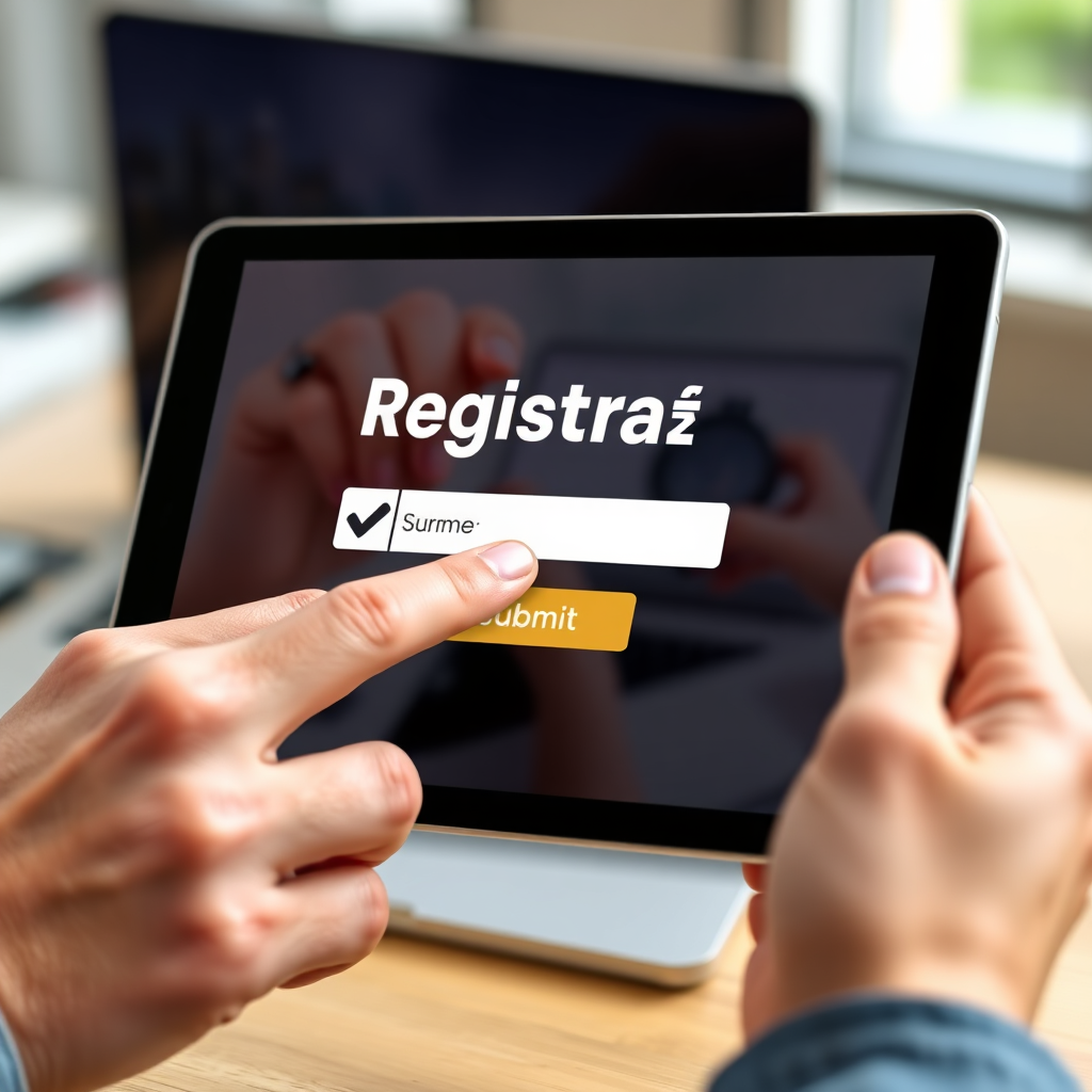 A photorealistic image of a registration form being filled out on a tablet. A checkmark hovers above the 'Submit' button, symbolizing a successful registration. The background is a blurred image of a website launching, hinting at the potential of a new online presence. 4K resolution, high quality.