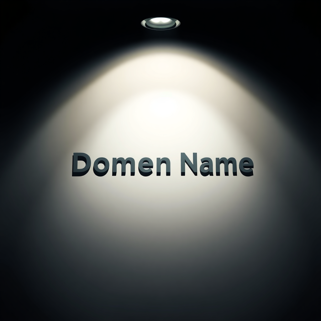 A photorealistic image of a spotlight shining on a single, prominently displayed domain name. The domain name is stylized and eye-catching, representing the power of a strong brand. The background is blurred, emphasizing the domain name's importance. 4K resolution, dramatic lighting.