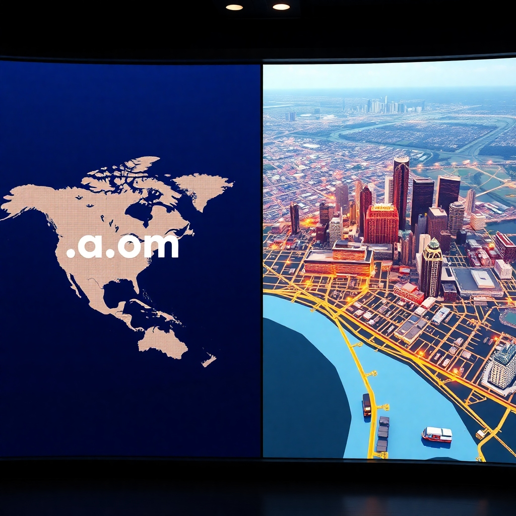 A photorealistic image of a split screen, with one side showing a world map with a .com domain highlighted, and the other side depicting a city map with local businesses highlighted using ccTLDs.  Both sides should be visually connected, emphasizing the synergy between global and local domain strategies.  Use a sleek and modern design.