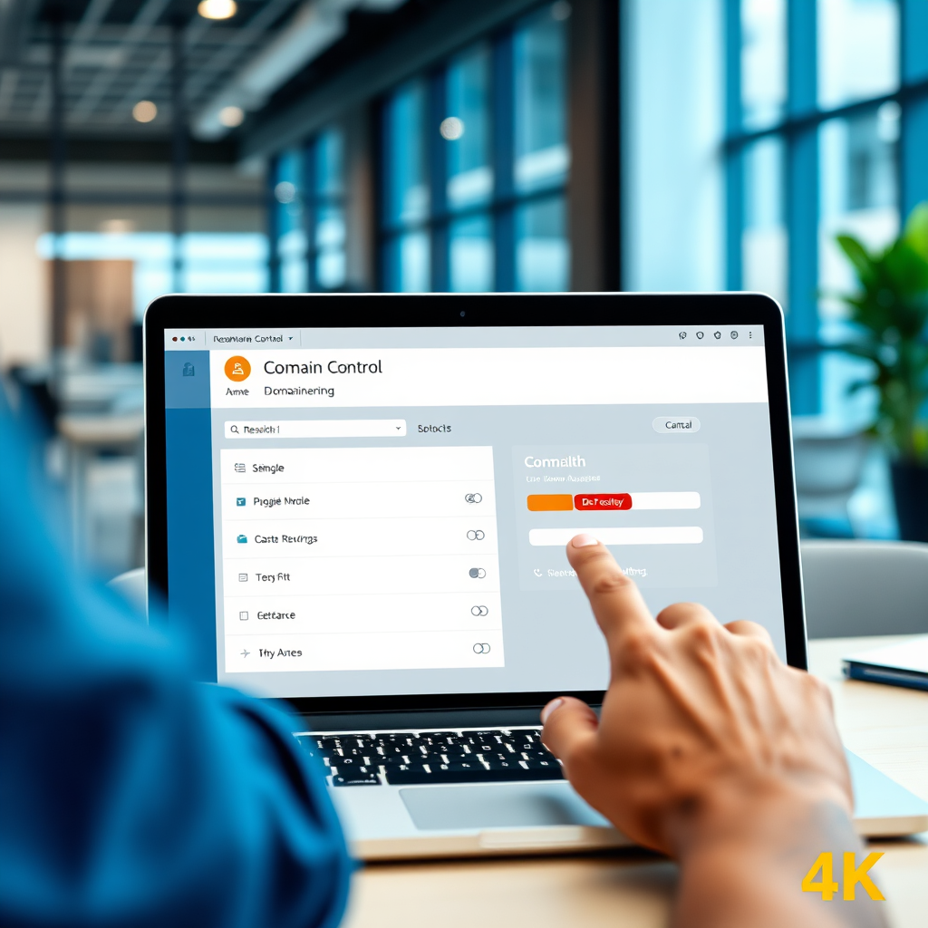 A photorealistic image of a user interacting with a domain name control panel on a laptop. The control panel is clean and organized, with intuitive controls. The background is a modern office space, suggesting productivity and efficiency. 4K resolution, high quality.