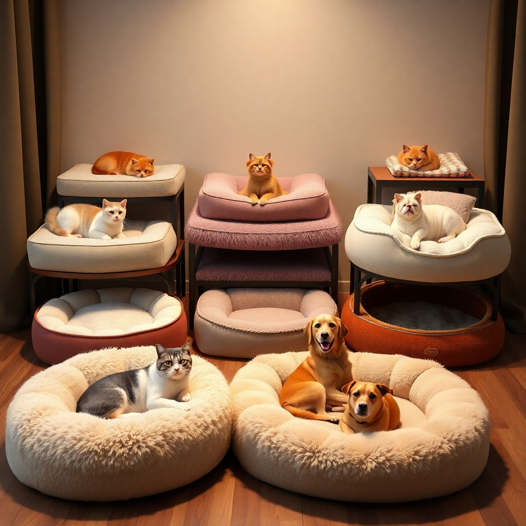 A photorealistic image of a variety of luxurious pet beds in different styles and sizes for both cats and dogs. Some beds could be on the floor, while others are elevated. The image should show the soft, plush materials. The lighting should be warm and inviting, with the focus on the comfort of the beds.