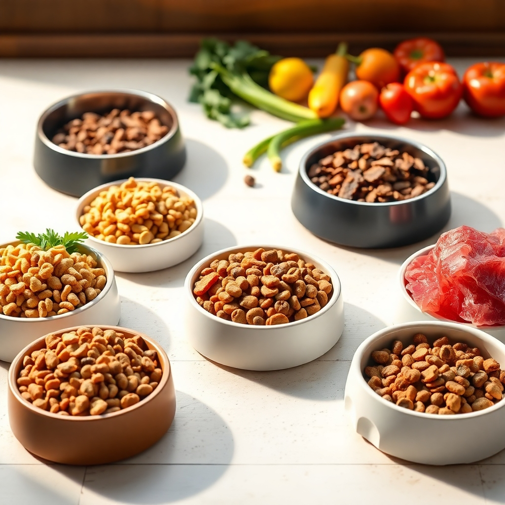 A photorealistic image of a variety of premium pet food bowls, each with different types of food (kibble, wet food, raw food) for dogs and cats.  The bowls should be stylish and modern, placed on a clean, light-colored surface.  The lighting should be bright and natural. Include some fresh vegetables and fruits in the background to emphasize health and nutrition.