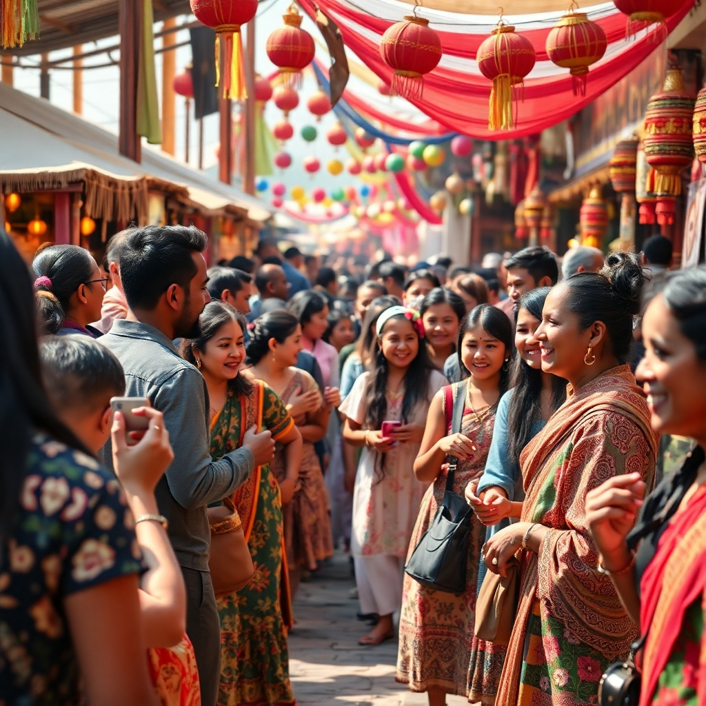 A photorealistic image of a vibrant global community event. Show a diverse crowd of people happily engaged in a cultural exchange.  This could be a festival, market or celebration with traditional music, dance, food stalls, and artwork.  Focus on happiness, diversity, inclusion and cultural sharing.  High resolution, detailed textures, natural lighting, warm color palette