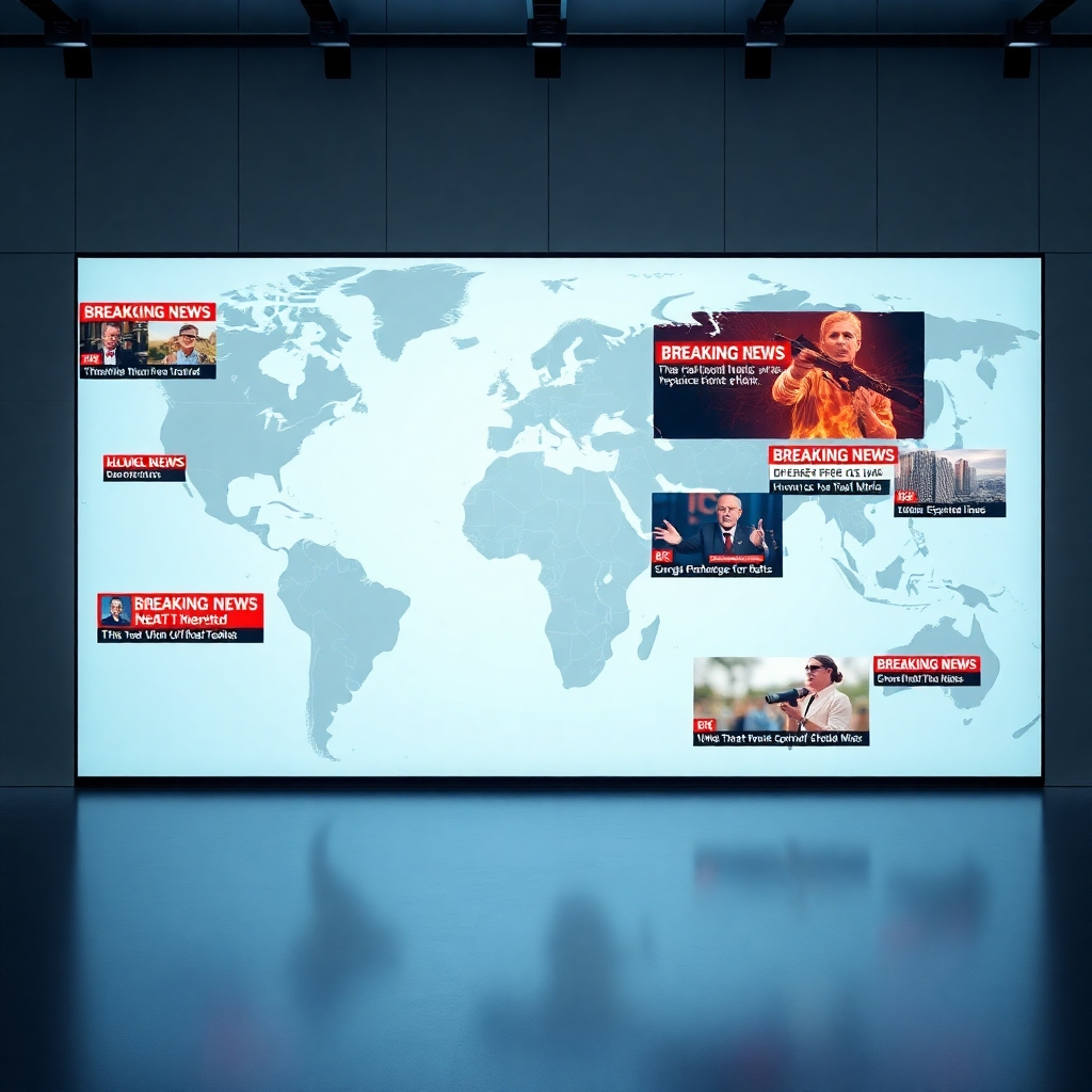 A photorealistic image of a world map displayed on a large screen, with various news headlines overlayed as dynamic animated elements, showing breaking news from different global locations.  The style should be modern, clean and informative, with a blend of technology and global news representation.